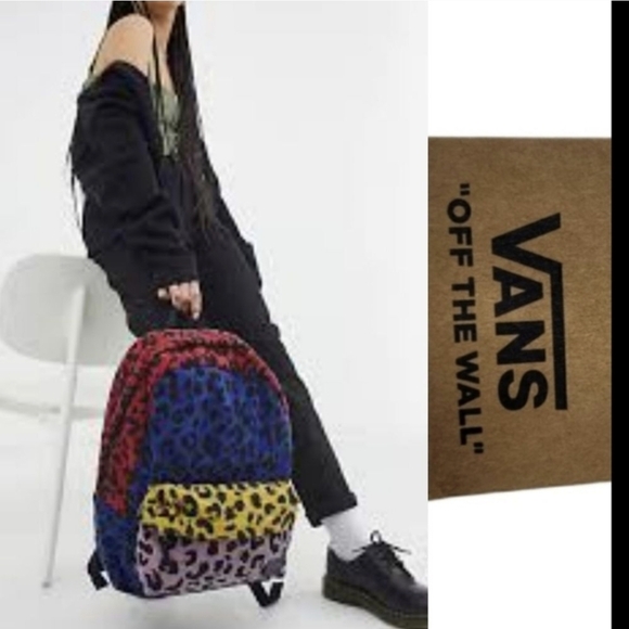 NEW VANS PLUSH LEOPARD FURRY BLACK BLUE RED GOLD Deana BACKPACK TRAVEL BAG NWT - Picture 1 of 16